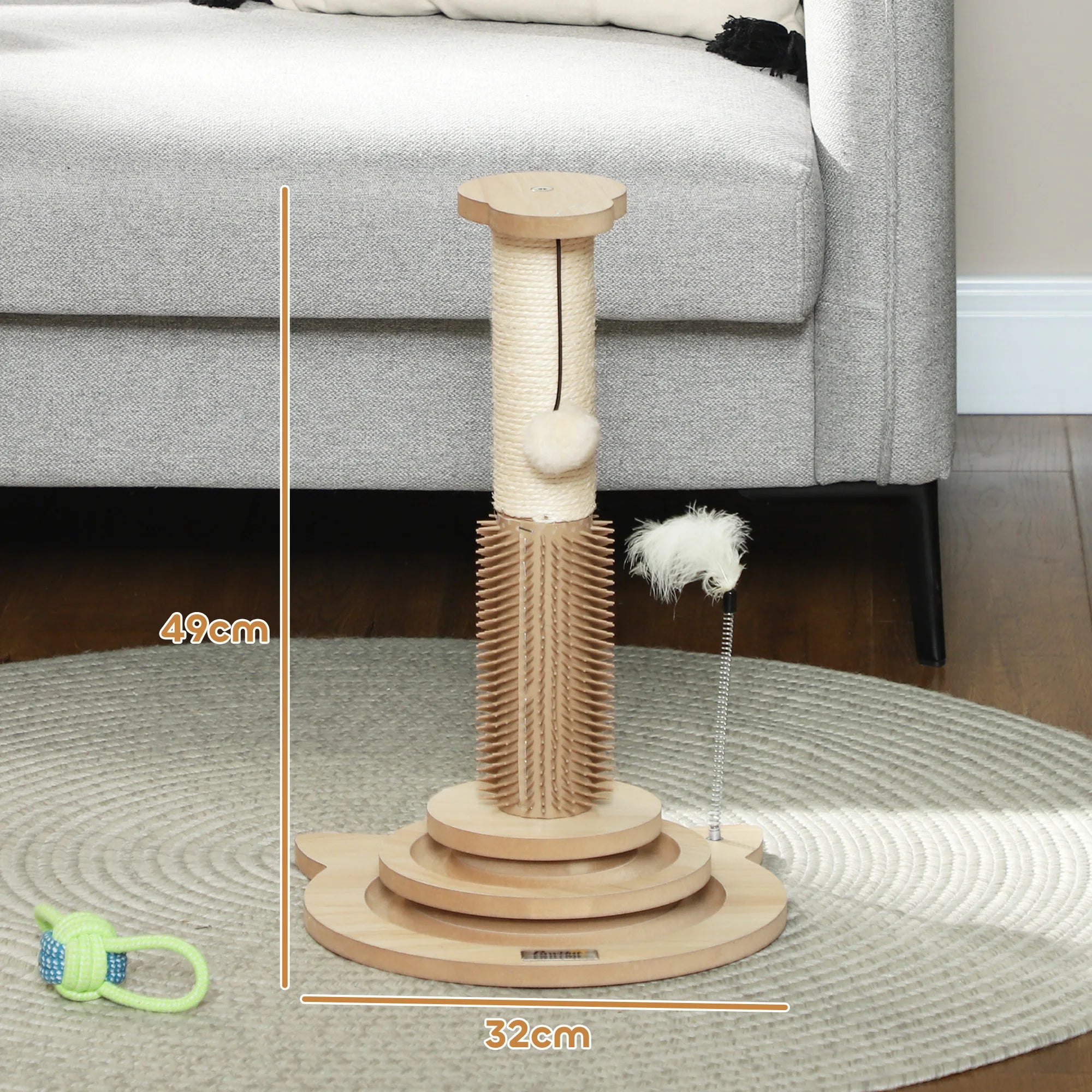 5 in 1 Cat Scratching Post 49cm Cat Tower with Sisal Post Interactive Track Ball Toy Self-Grooming Brush and Spring Feather
