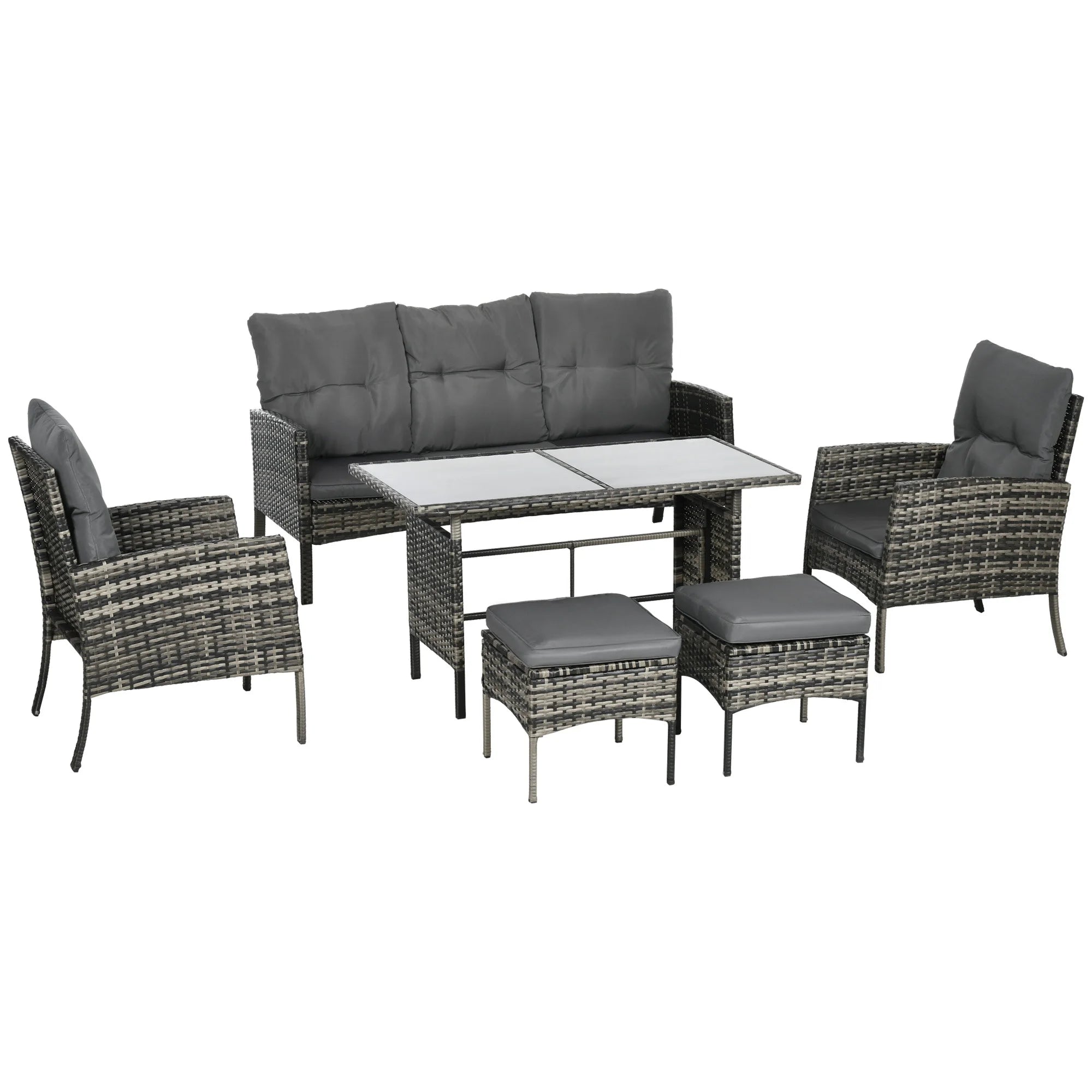 6-Piece Rattan Garden Sofa Set with 3-Seater Sofa, Armchairs, Footstools and Glass Coffee Table