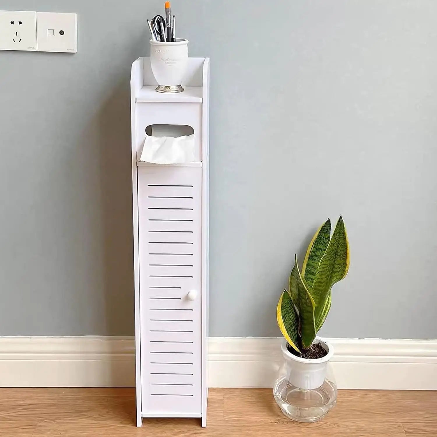 Slim White PVC Bathroom Storage Cabinet 4 Tier | Waterproof Tall Toilet Paper and Toiletry Shelf 16x16x81cm