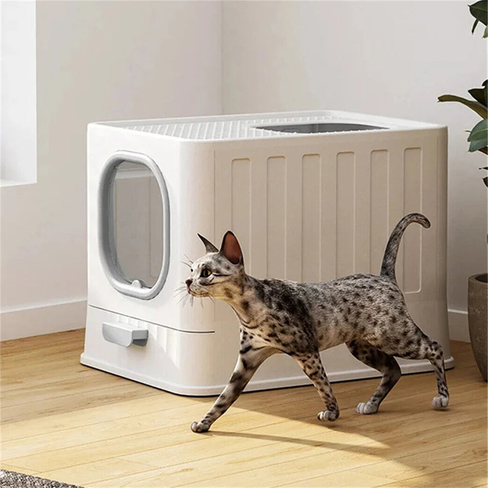 Large Cat Litter Box Enclosed Skylight Drawer Front Top Entry 48.3x35.8x38.8cm Scoop Grey White