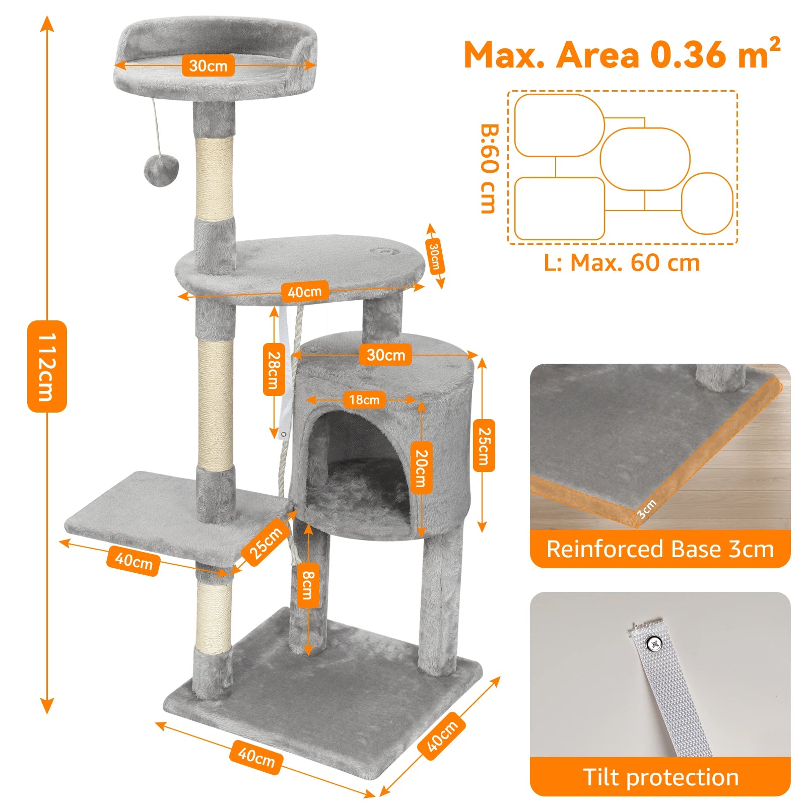 Passerscat Multi-Level Cat Tree 112cm Climbing Frame Scratching Posts Padded Perches Condo Indoor