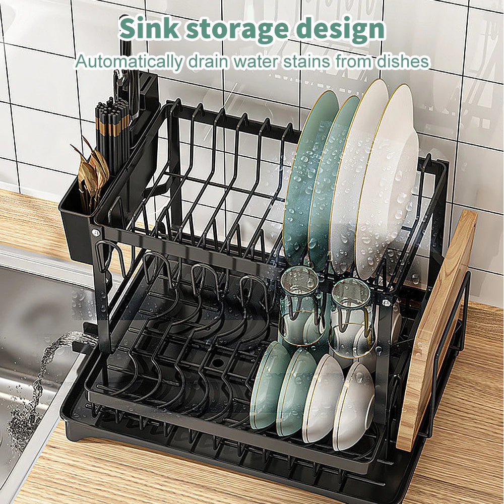 Adjustable 2-Tier Dish Drainer Rack with Cup Holders | Anti-Rust Kitchen Sink Draining Rack for Plates Bowls Cutlery
