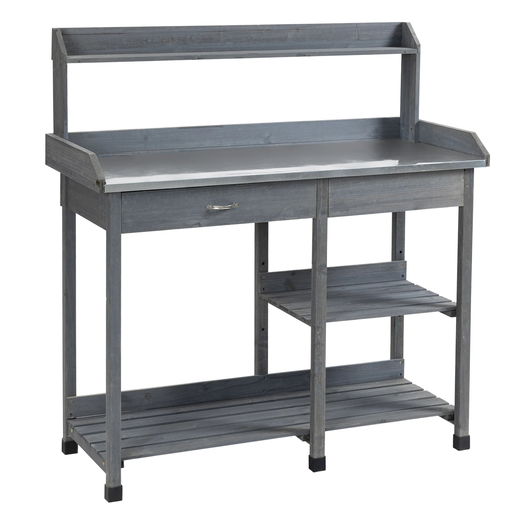 Wooden Garden Potting Table with Metal Top Drawer Shelves Outdoor Workstation Bench