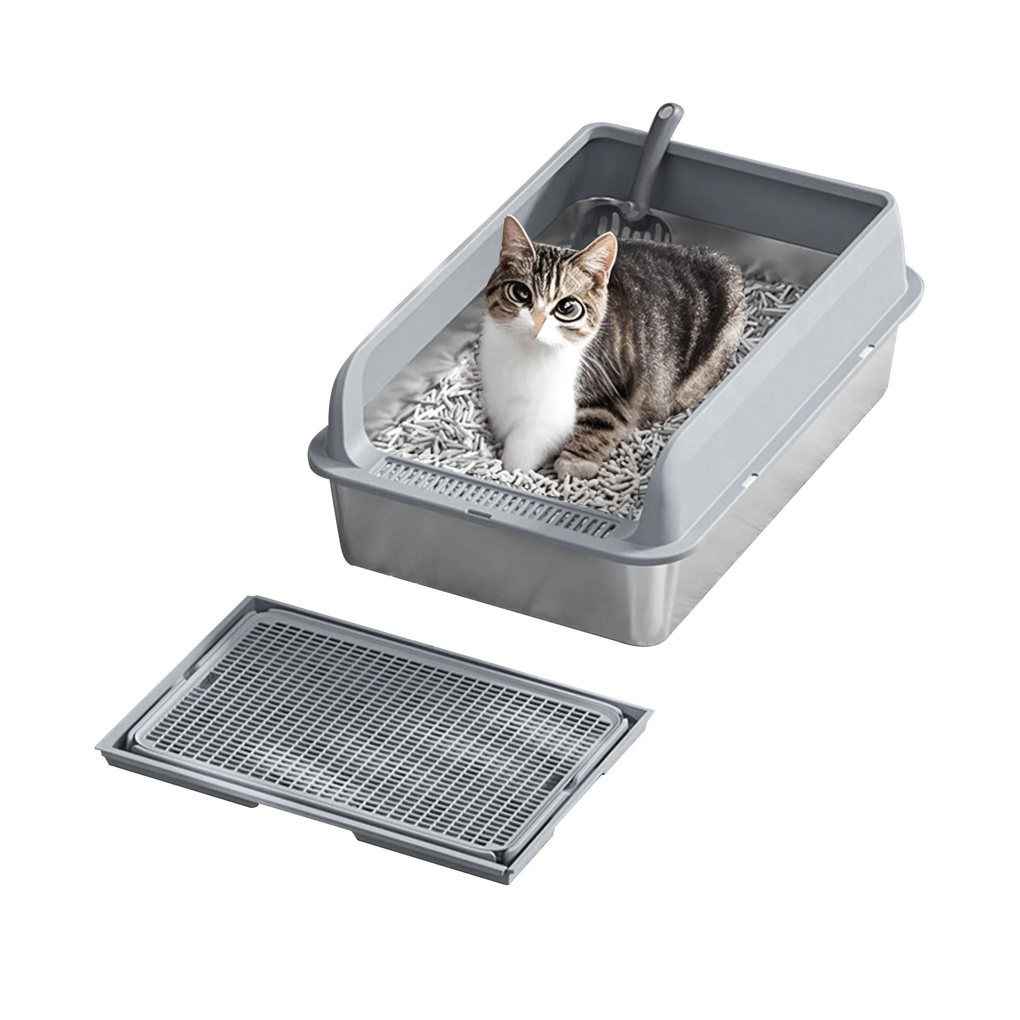 Stainless Steel Cat Litter Box with Lid High Sides 15.75x11.81in Double Layer Mat Non-Stick for Big Cats