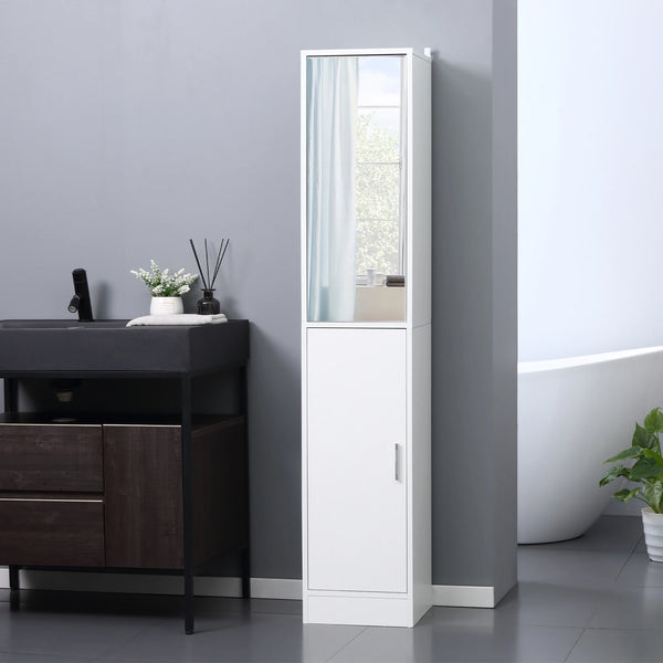 Tall Mirrored Bathroom Cabinet with Adjustable Shelves, Slim Tallboy Unit, 32 x 28 x 162 cm, White