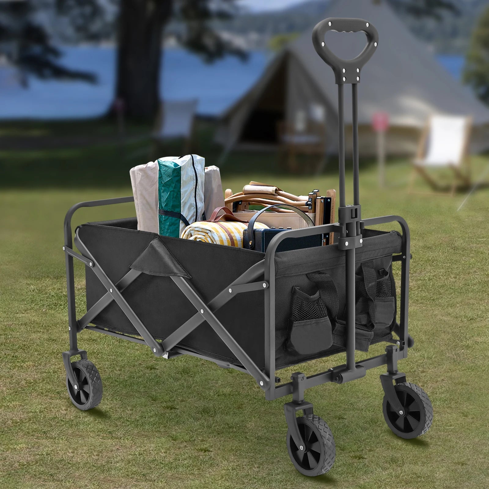 Folding Wagon Cart 80kg 2 Cup Holders 5 Inch Wheels Adjustable Handle for Beach Garden Camping Shopping Black