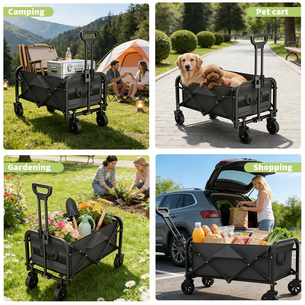 Foldable Camping Wagon Cart 100kg All-Terrain 360° Wheels Adjustable Handle Storage Pockets for Garden Shopping