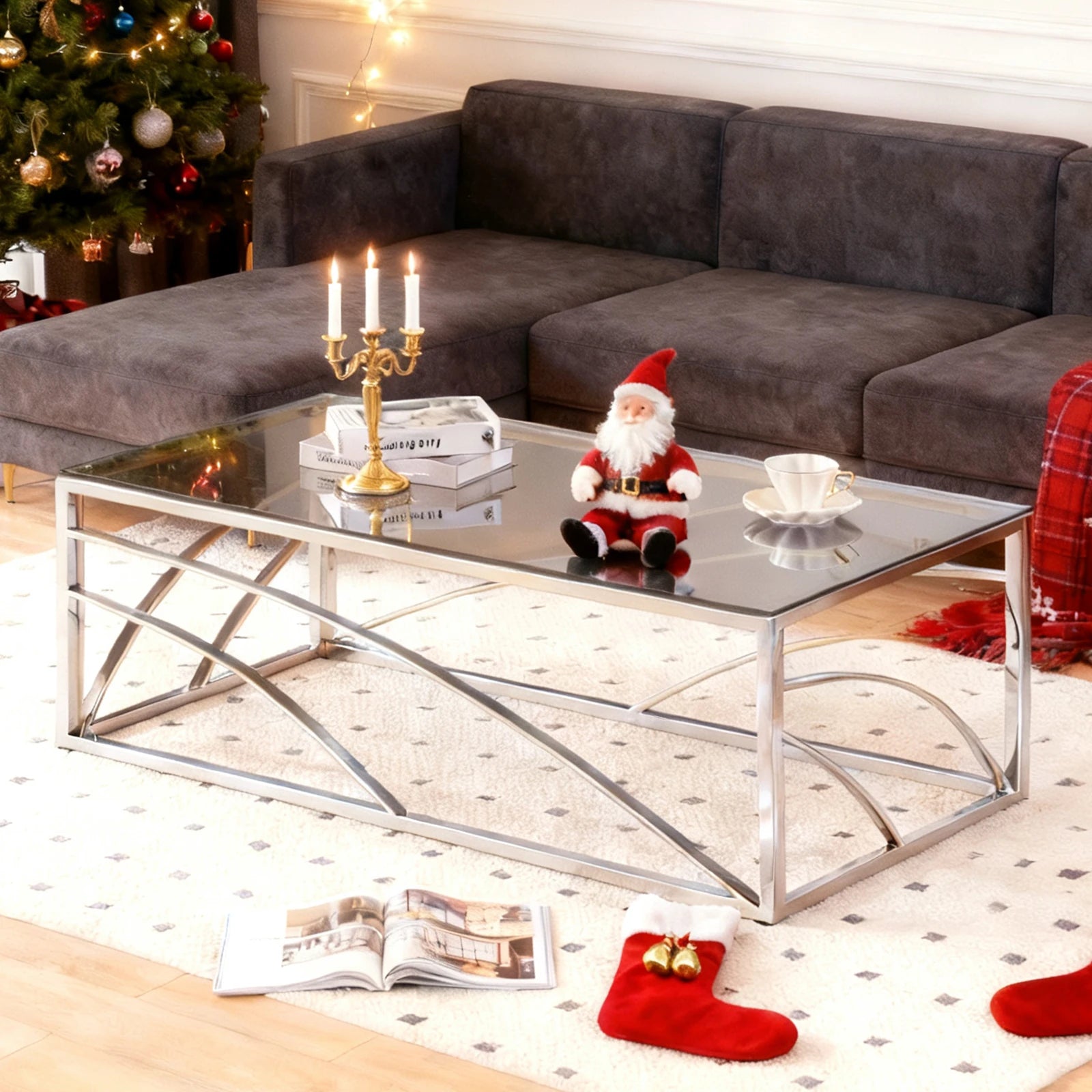 Glass and Stainless Steel Coffee Table Light Grey | 120cm Modern Living Room Centre Table