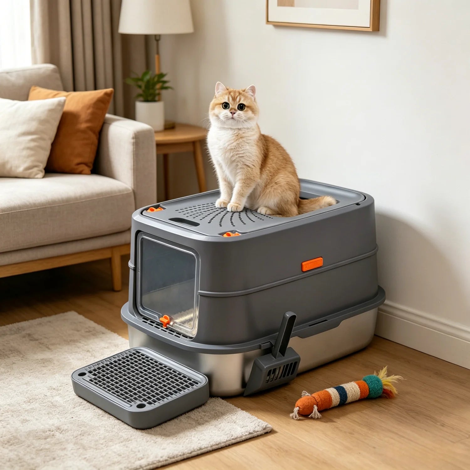 XL Enclosed Cat Litter Box, Stainless Steel Tray with High Wall Sides