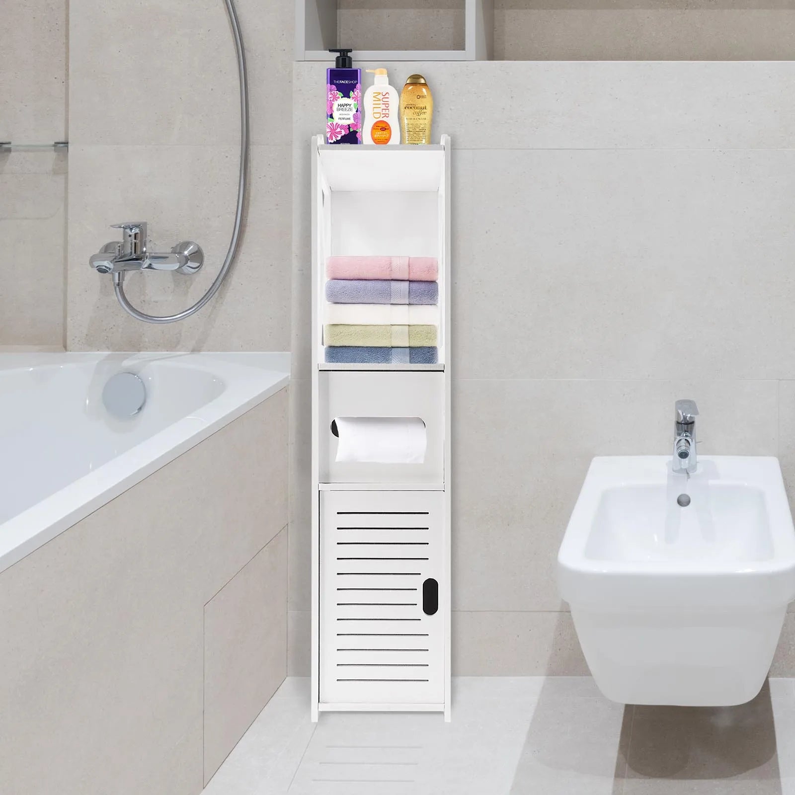 Slim White PVC Bathroom Cabinet with Door 80x20x18cm | Waterproof Freestanding Toilet Side Storage Unit
