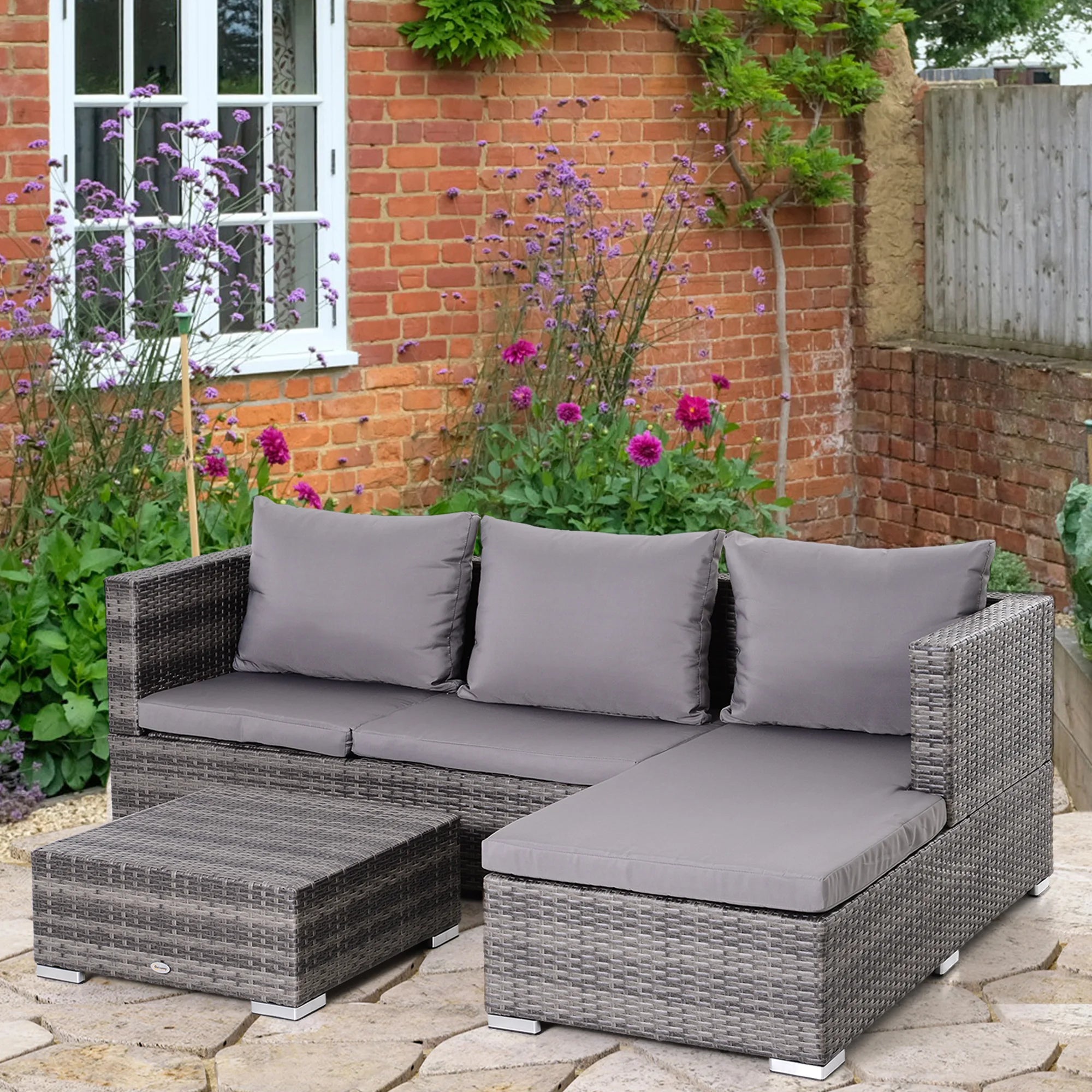 3-Piece Rattan Garden Sofa Set with 5-Level Reclining Back, Corner Sofa and Storage Coffee Table