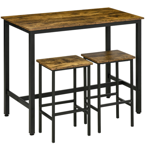 3-Piece Industrial Bar Table Set, Table and 2 Chairs, Rustic Brown