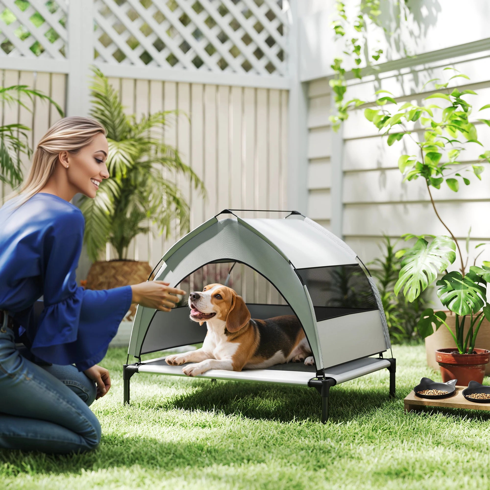 Portable Elevated Dog Bed with Removable Three-Sided Canopy Breathable Mesh and Storage Bag for Indoor and Outdoor Use