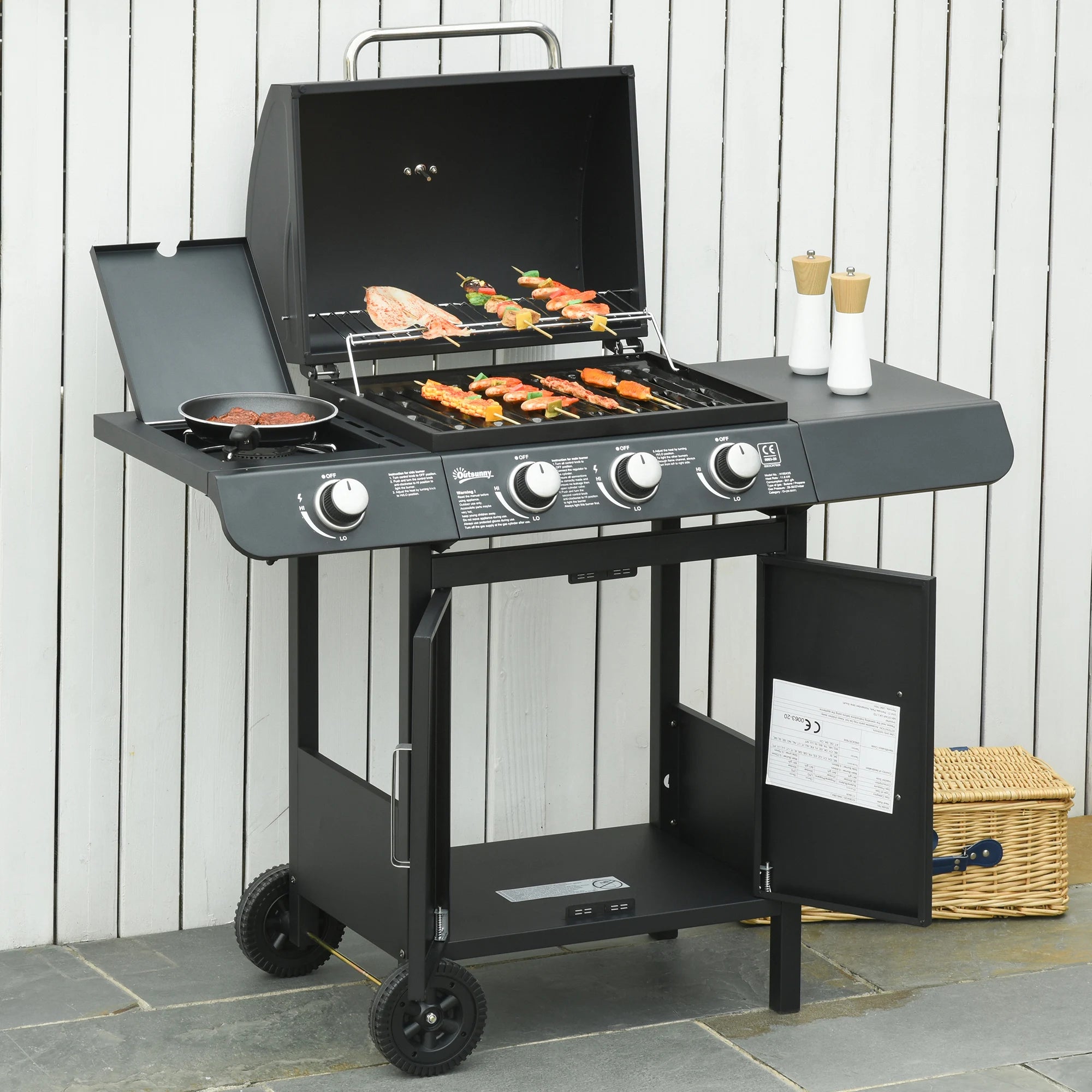 3+1 Burner Gas BBQ Grill with Side Burner Warming Rack Thermometer and Cabinet for Garden Outdoor Cooking