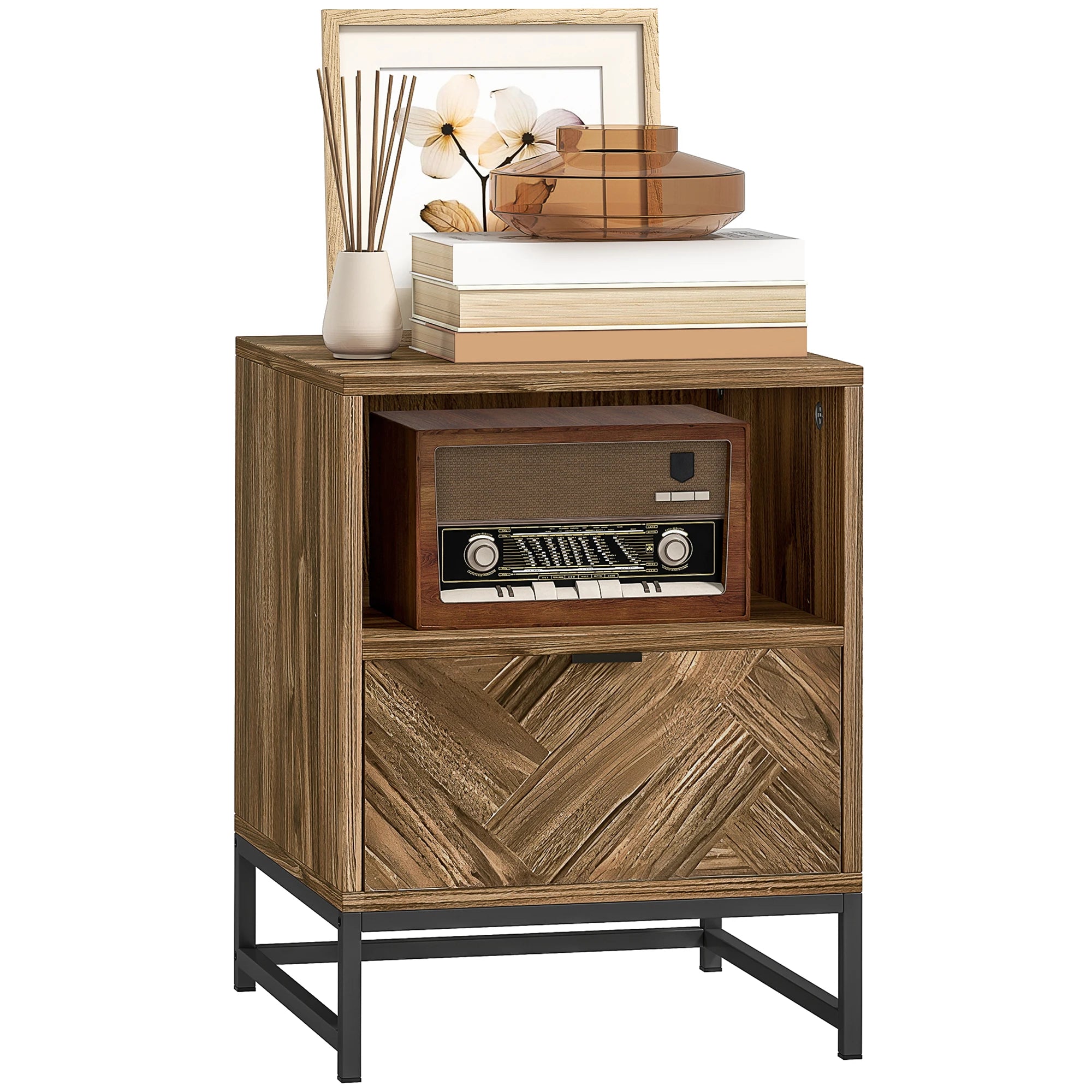 Industrial Brown Bedside Table with Drawer and Open Shelf | Black Steel Frame Sofa Side Table 40x52cm