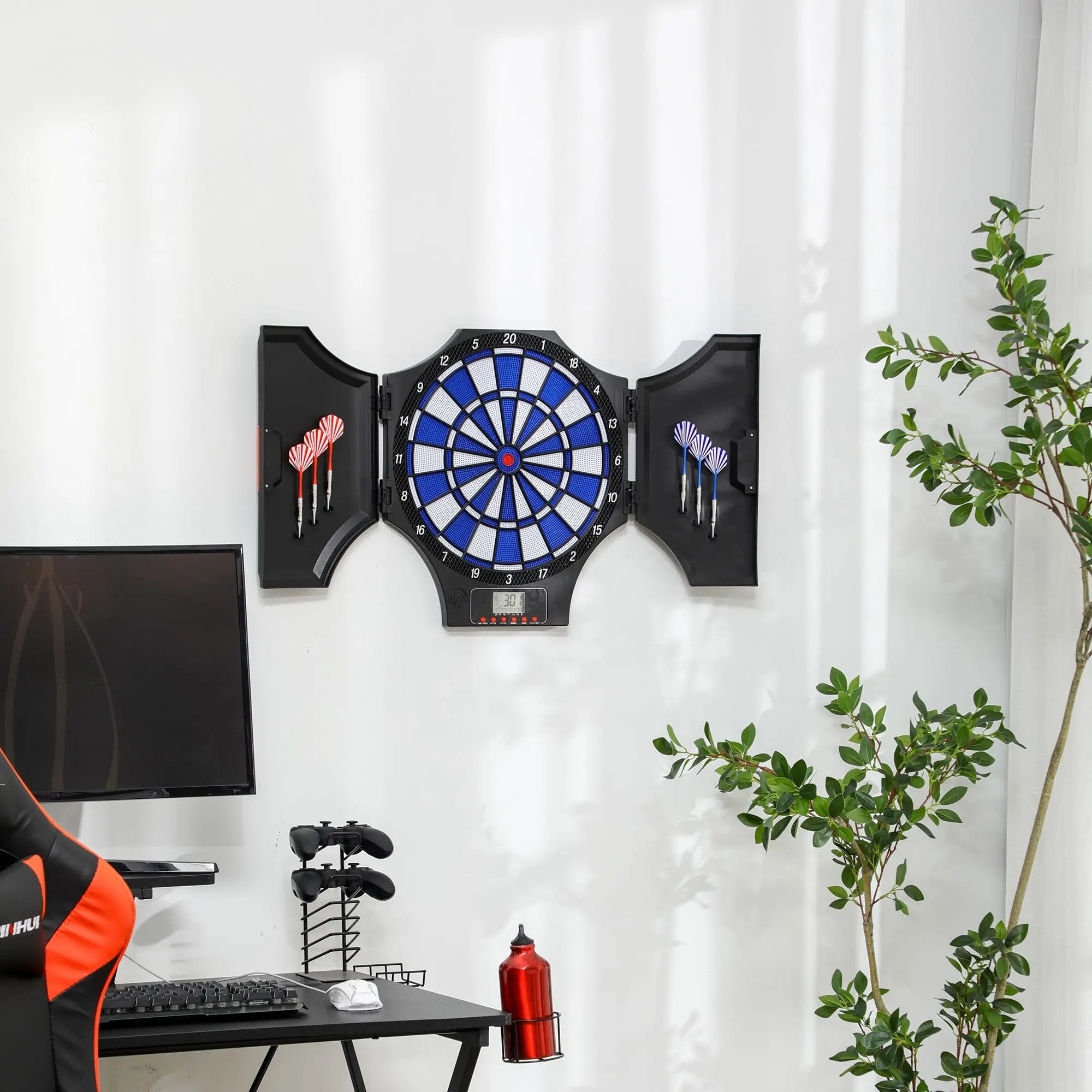 Electronic Dartboard Cabinet 31 Games 285 Programs LCD Display for 8 Players with 6 Soft Tip Darts Ages 6+