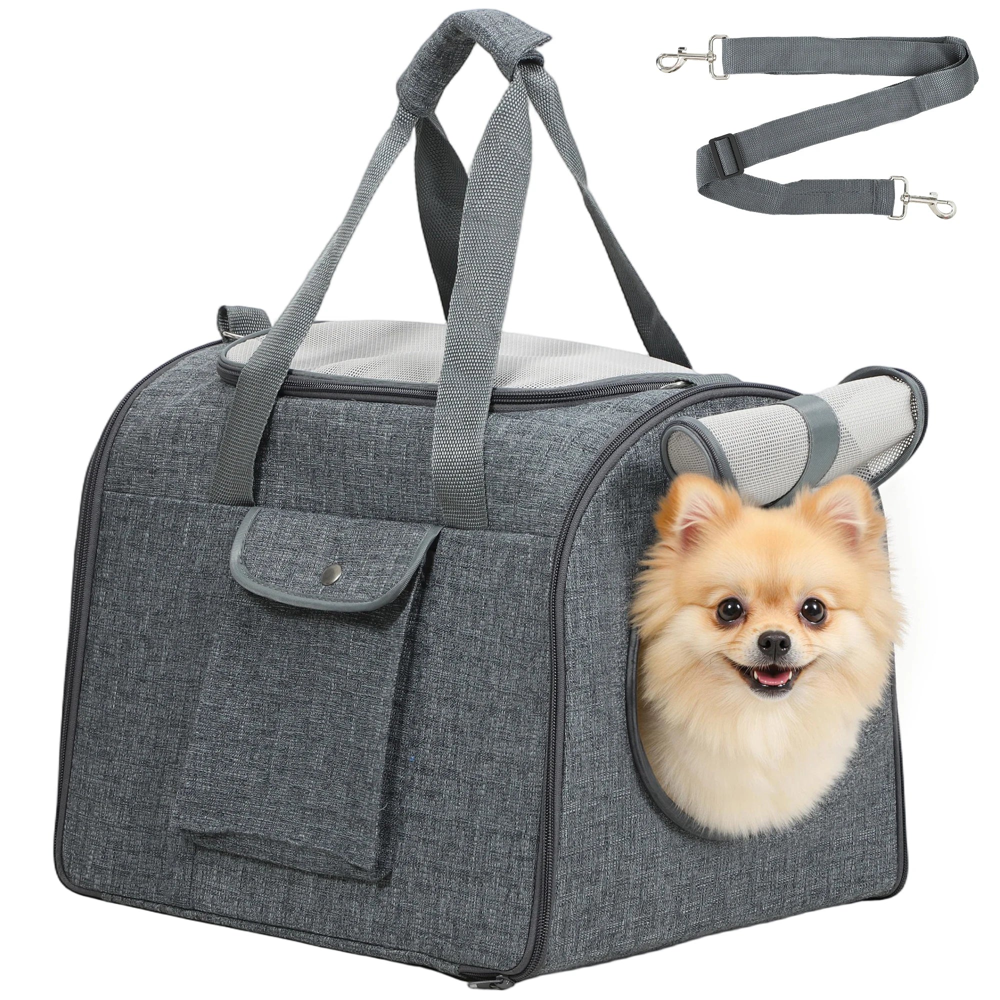 Soft Sided Cat Carrier Bag Foldable Portable with Shoulder Strap Mesh Windows and Safety Leash for Pets up to 10kg