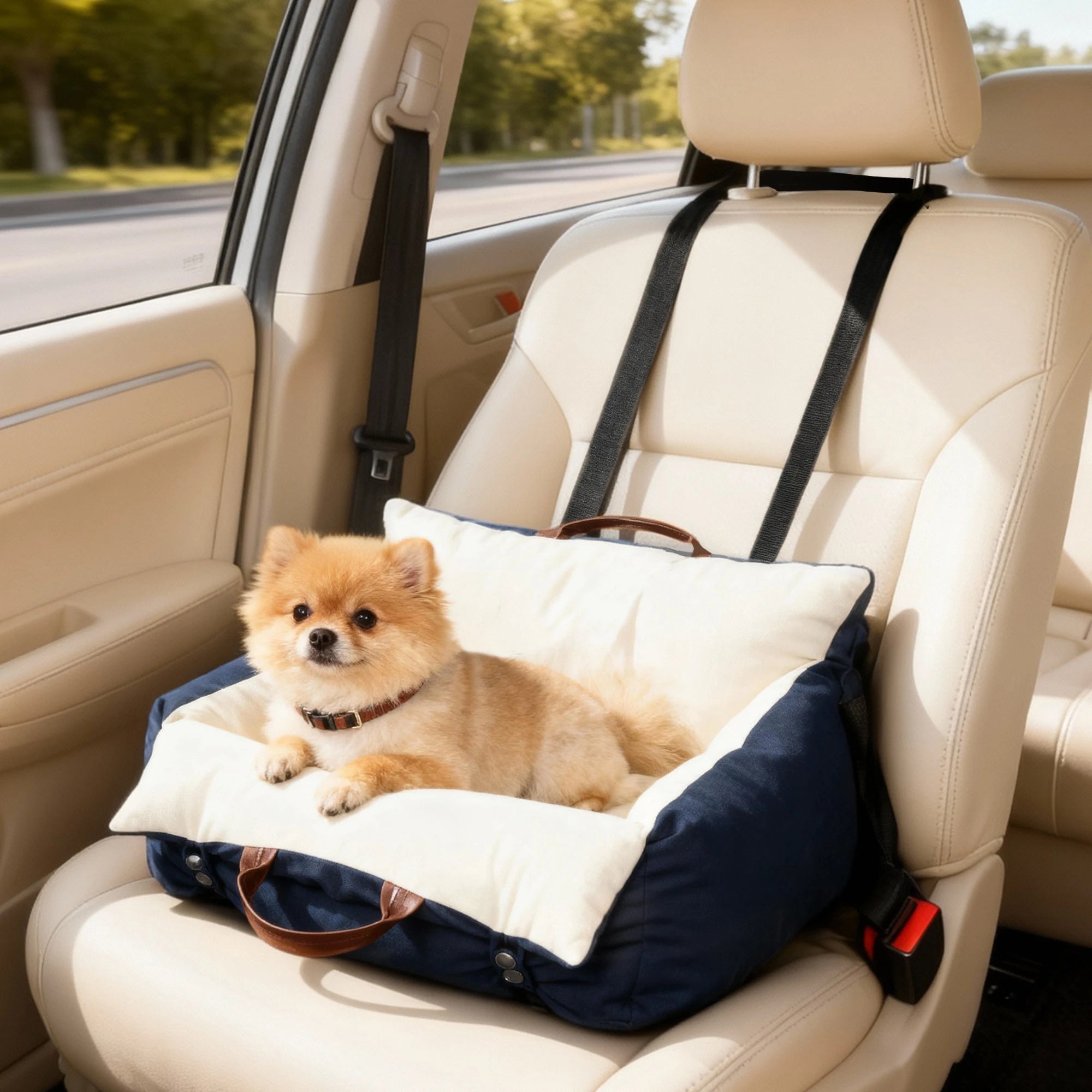 Dog Car Seat Booster with Double Security Straps Internal Tether Cushioned Cotton Canvas for Small Dogs under 5kg