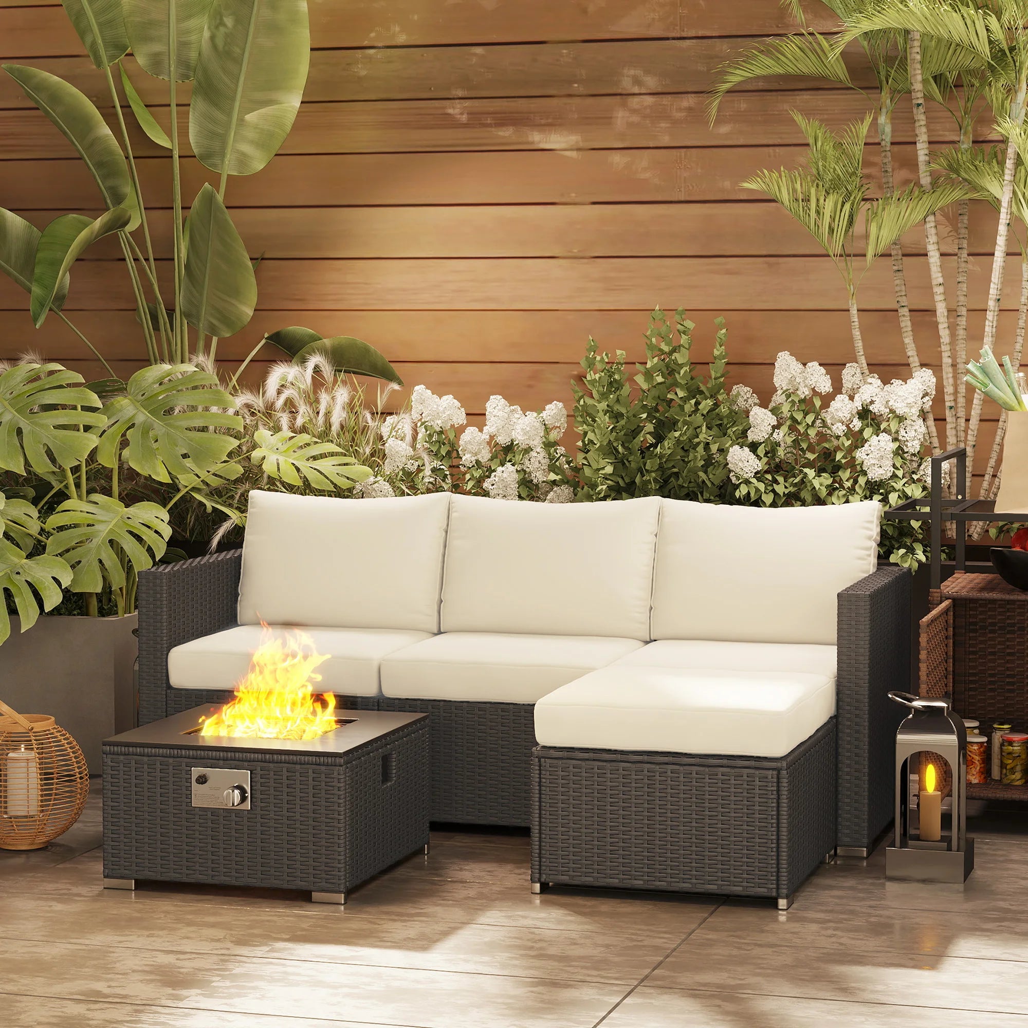 5-Piece Rattan Garden Sofa Set with Fire Pit Coffee Table, Footstool and Thick Cushions