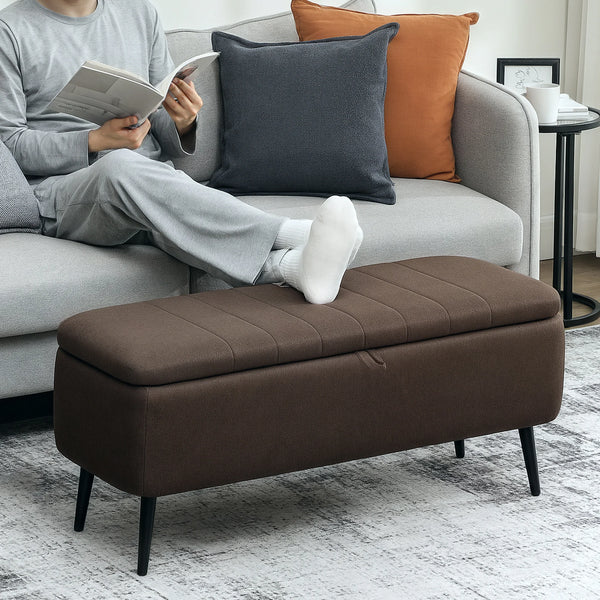 Linen-Look Storage Ottoman Bench with Flip-Top Lid, Dark Brown