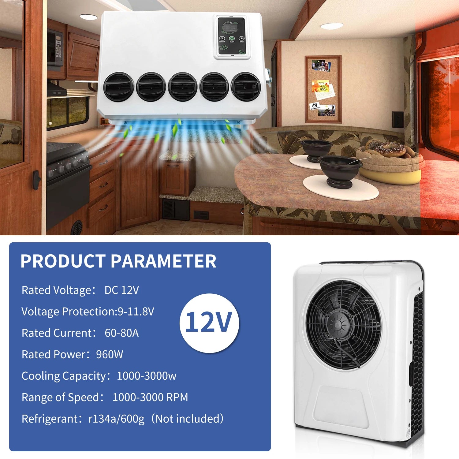 10500 BTU 12V Parking Air Conditioner Split Type for Truck Van Campervan Tractor RV Cab Rooftop or Wall Mount