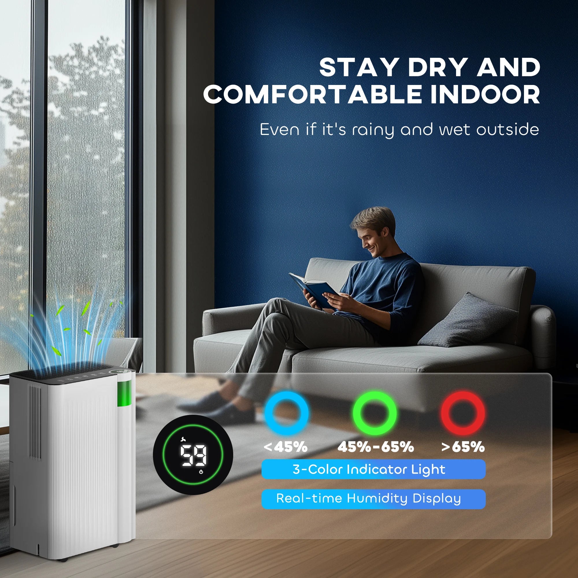 12L Per Day Dehumidifier Auto Defrost Child Lock 38dB Quiet 2L Tank LED Display for Home Bedroom Laundry Drying