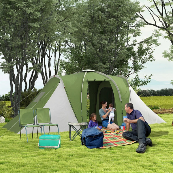 4 Person Tunnel Tent with 2 Bedrooms and Living Area, Green and White