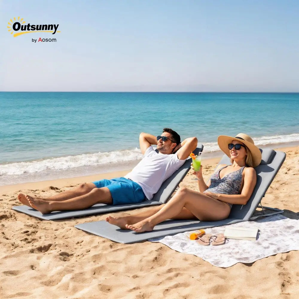 Set of 2 Foldable Beach Chair Mats 5 Position Adjustable Back PE Fabric Head Pillow Metal Frame for Garden Beach