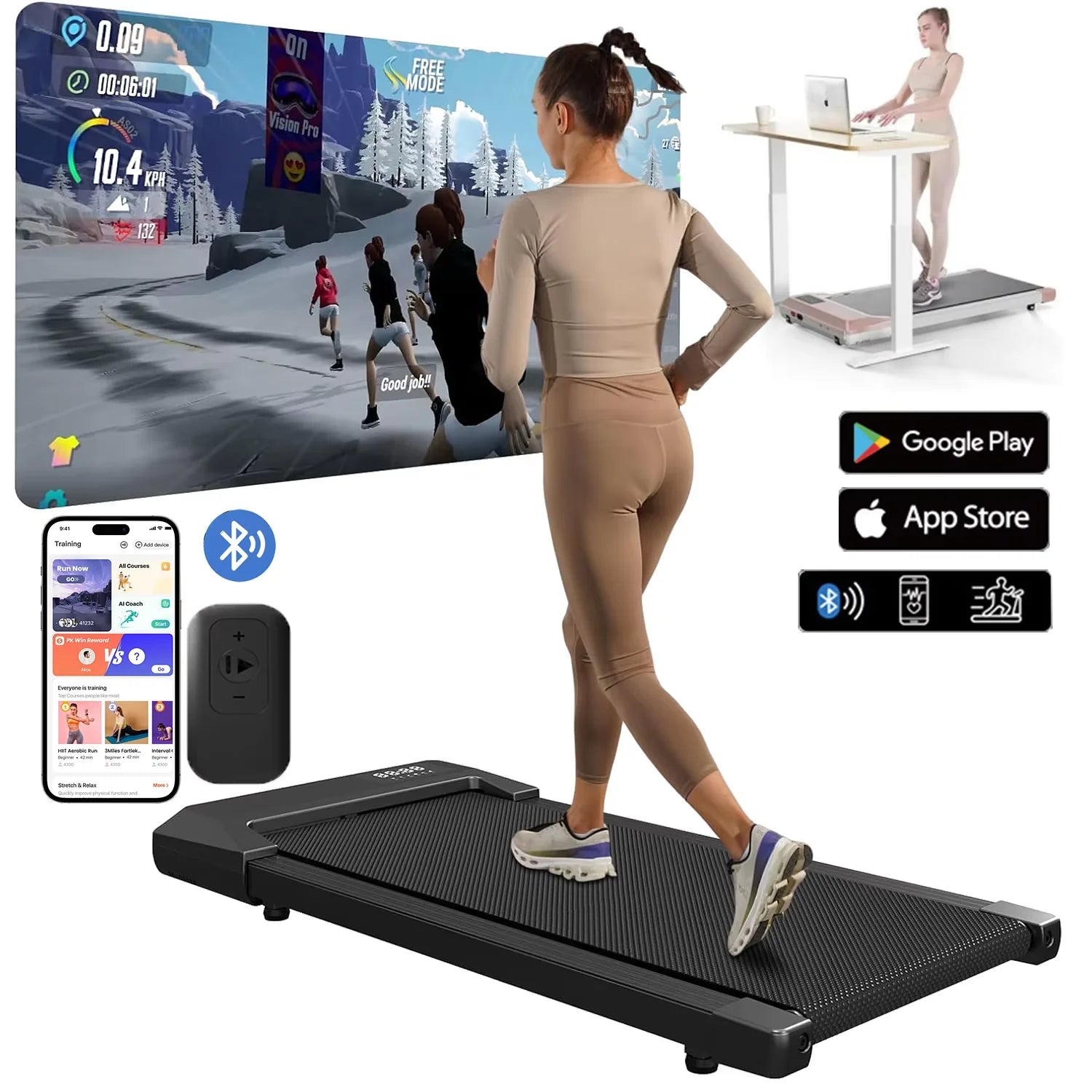2.5HP Walking Pad Treadmill 300lbs Capacity LCD Display Bluetooth App Connected for Home Fitness