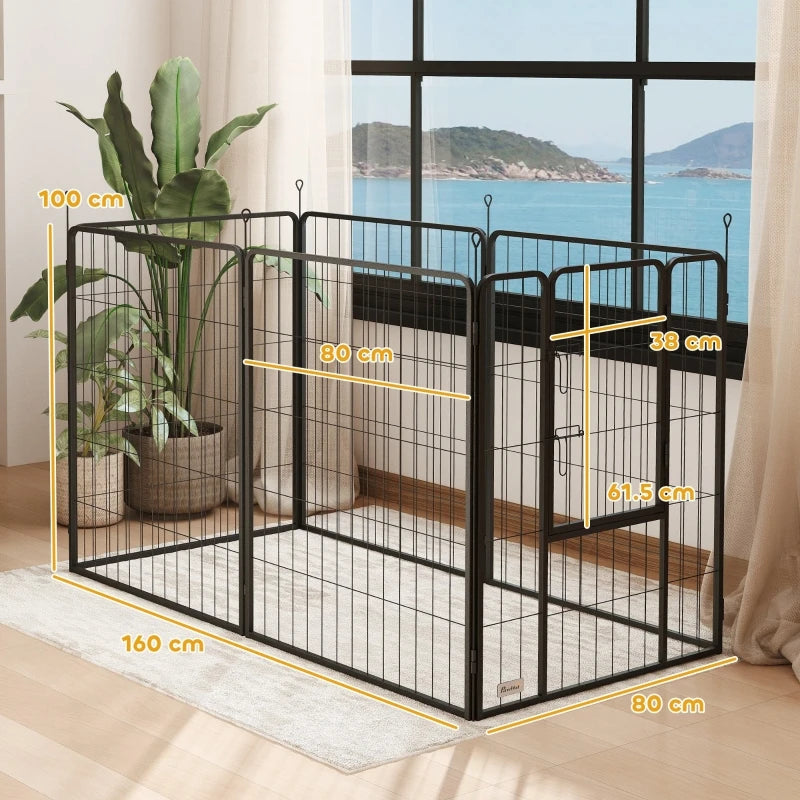 PINGGO 6 Panel Dog Playpen 160x80x100cm Portable Detachable with Door for Large Dogs Grey