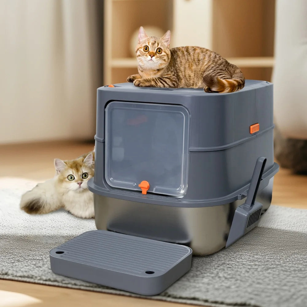 XL Stainless Steel Cat Litter Box, Fully Enclosed High Sided Tray