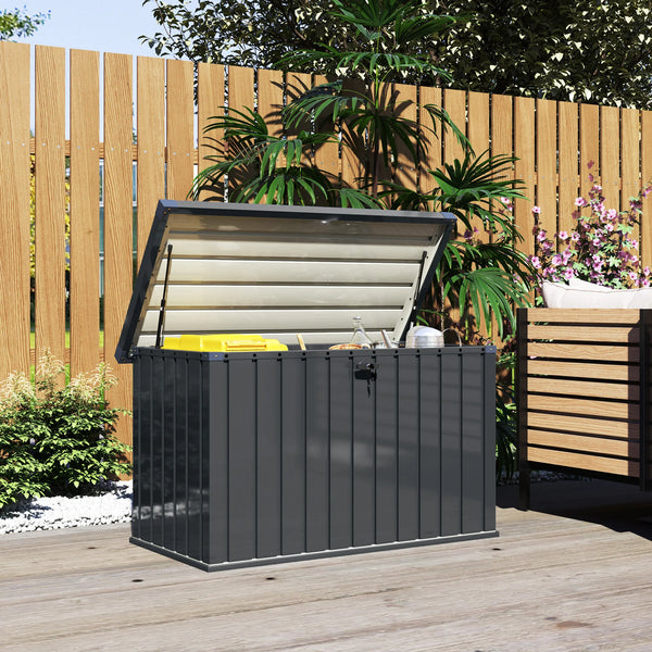 400L Metal Garden Storage Box with Lockable Gas-Lift Lid, Dark Grey