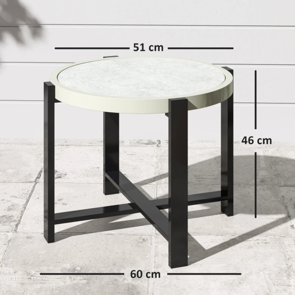 60cm Round Garden Side Table with Faux Marble Glass Top