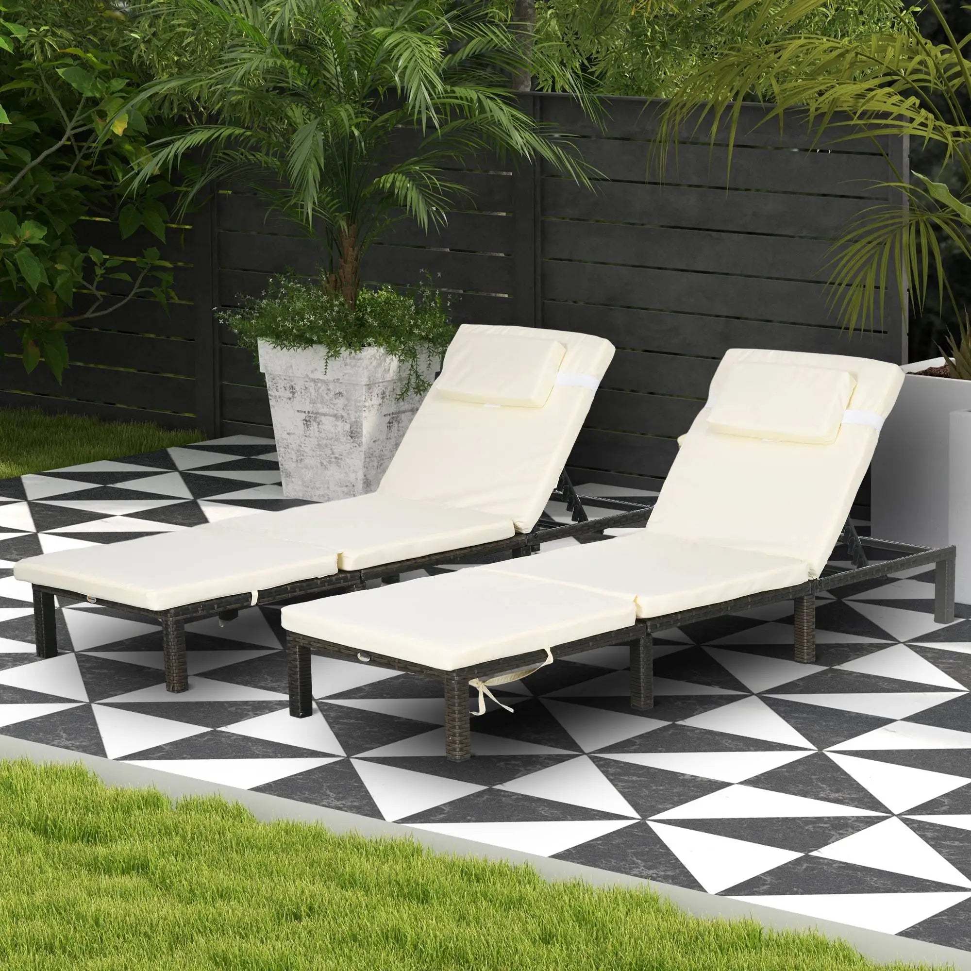 Set of 2 PE Rattan Sun Loungers with 5-Position Recline, Padded Cushion and Headrest Pillow
