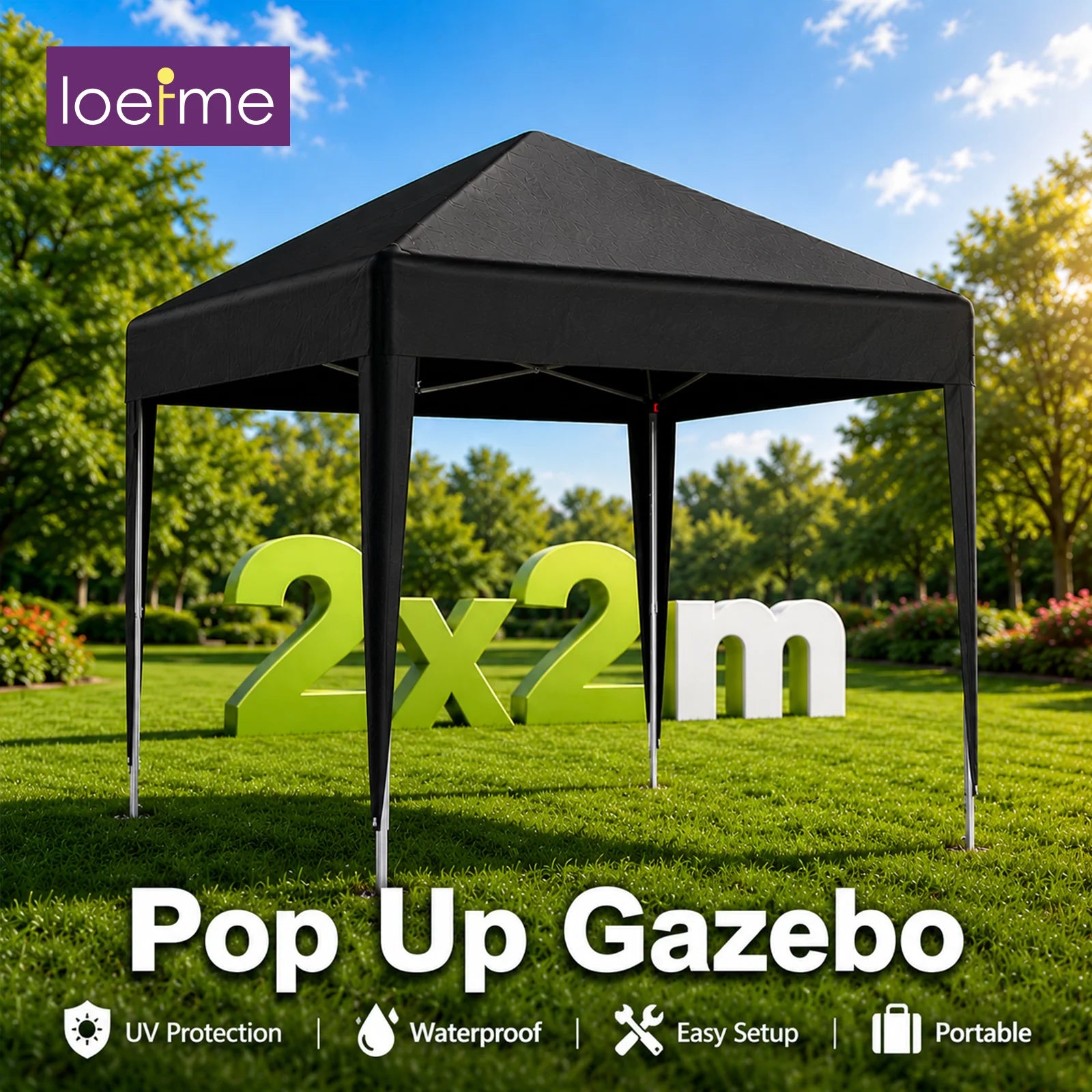 2x2M Pop Up Gazebo Waterproof Canopy with Adjustable Steel Frame