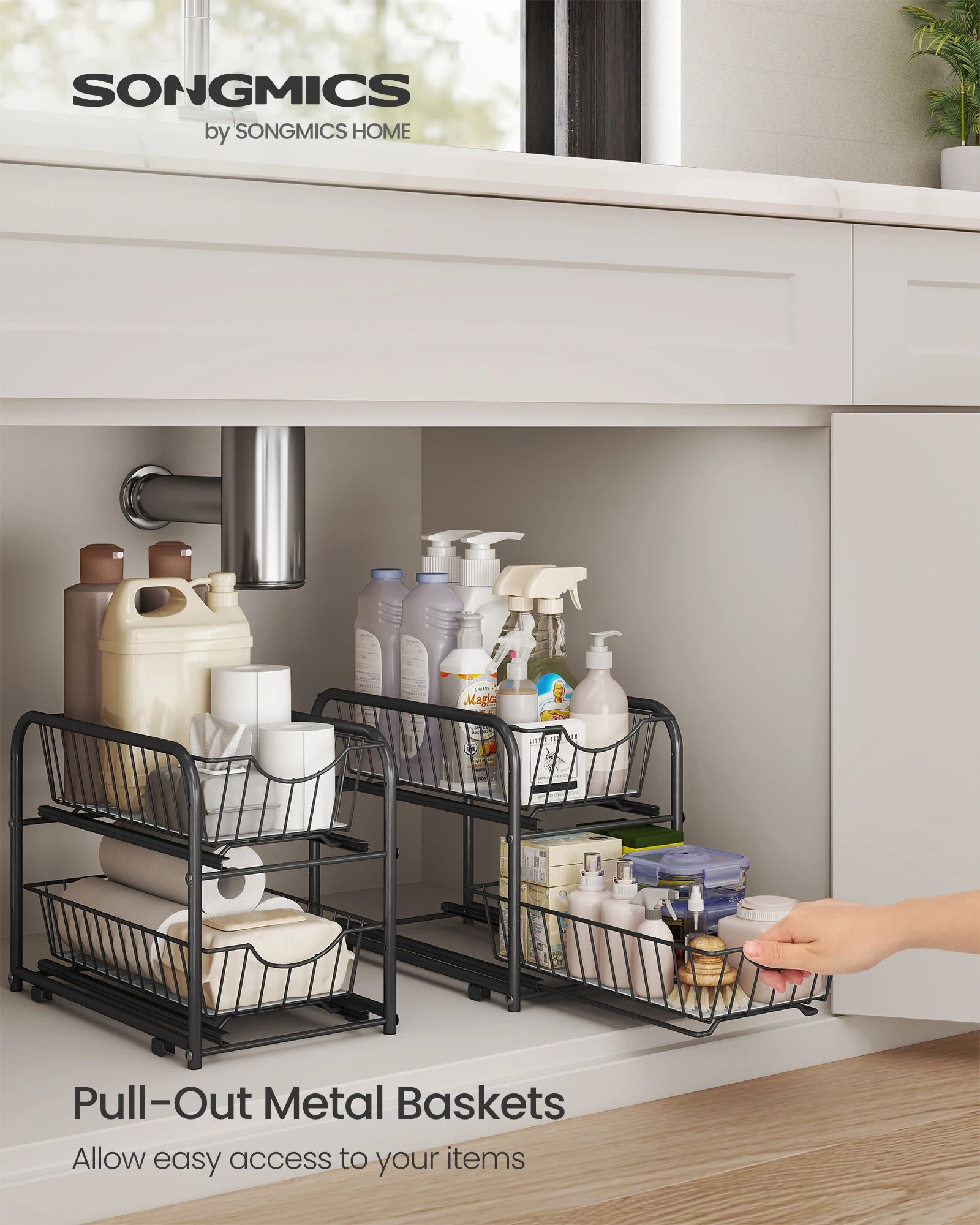 2 Tier Under Sink Organiser with Sliding Drawers Stackable Kitchen Cabinet Storage Rack