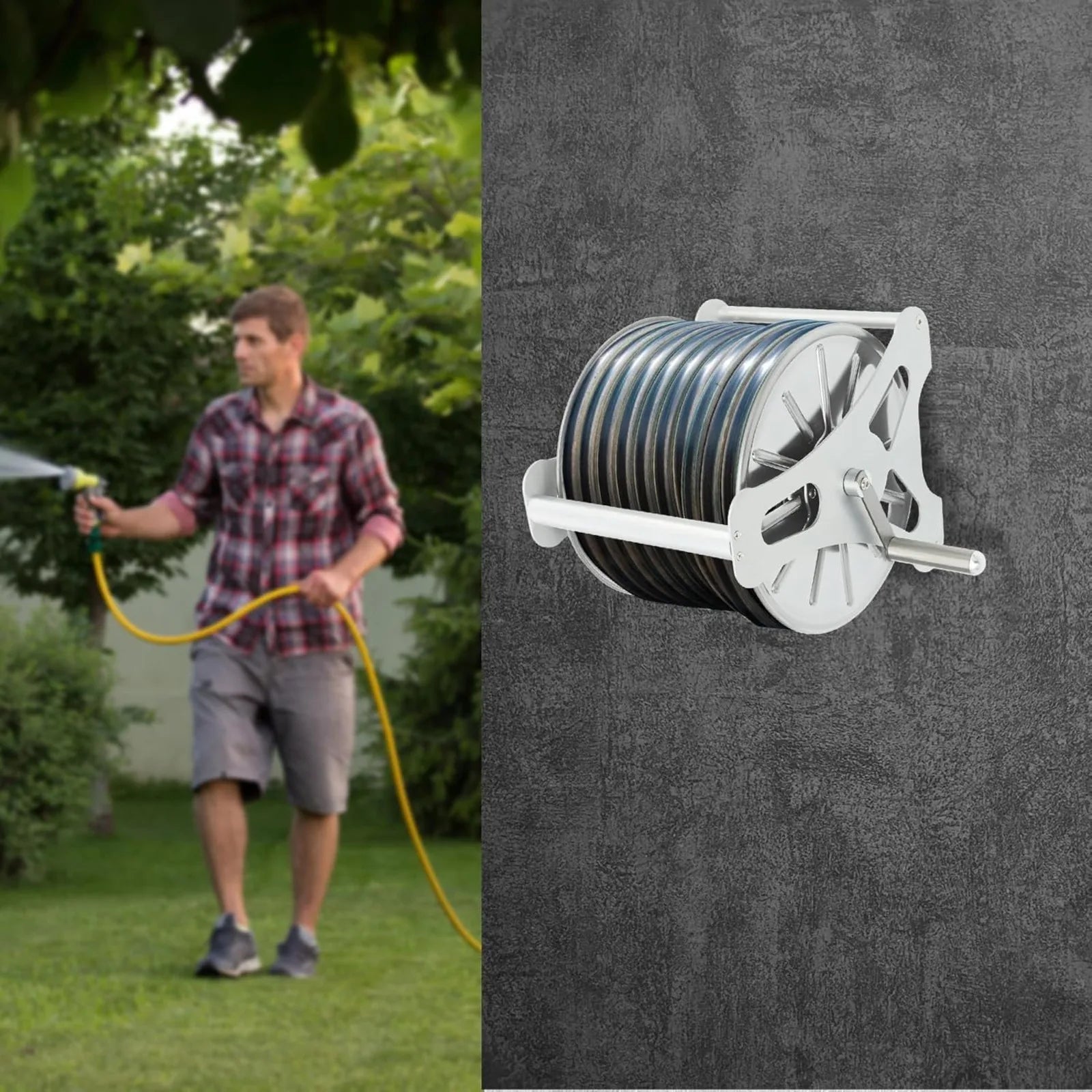 Stainless Steel Garden Hose Reel 360° Rotatable Handle Wall Mounted or Freestanding for Home Garden Lawn