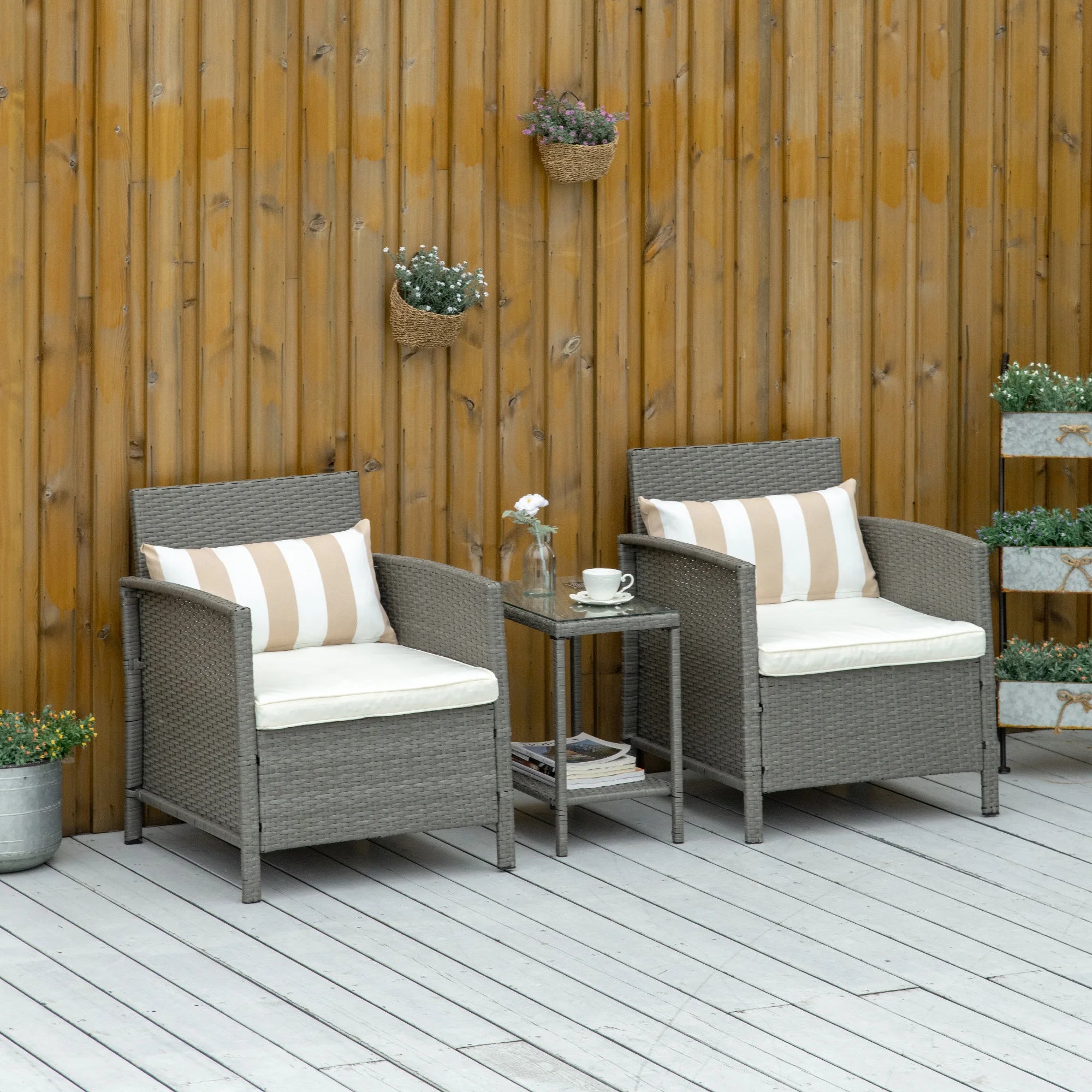 3-Piece Outdoor Rattan Sofa Set with Armchairs, Two-Tier Coffee Table and Cushions