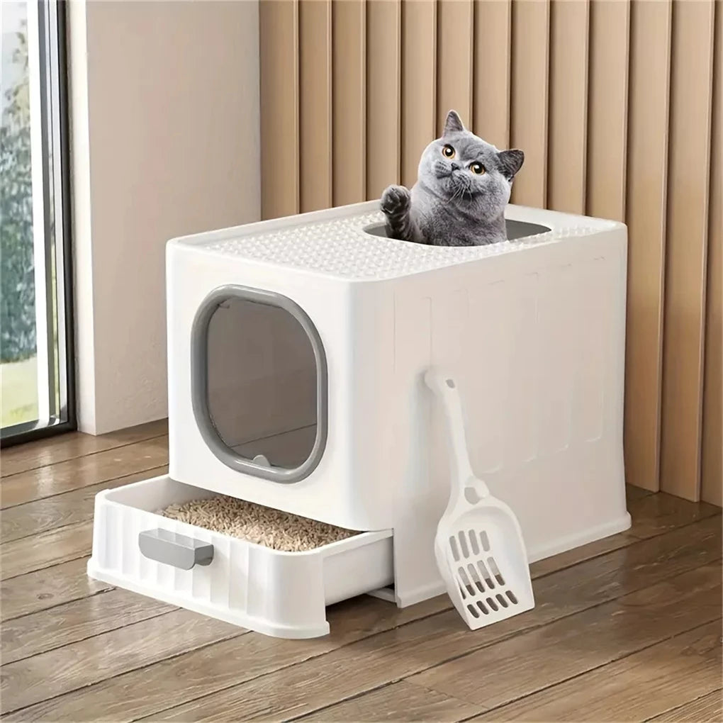 Leak-Proof Enclosed Cat Litter Box 51x38x39cm Pull Drawer Toilet with Scoop Lid Anti-Splash