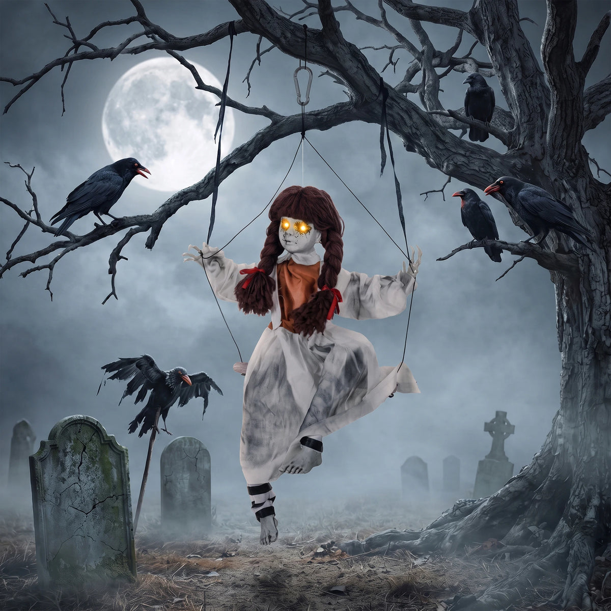 Kicking leg movement on a hanging Halloween swing prop
