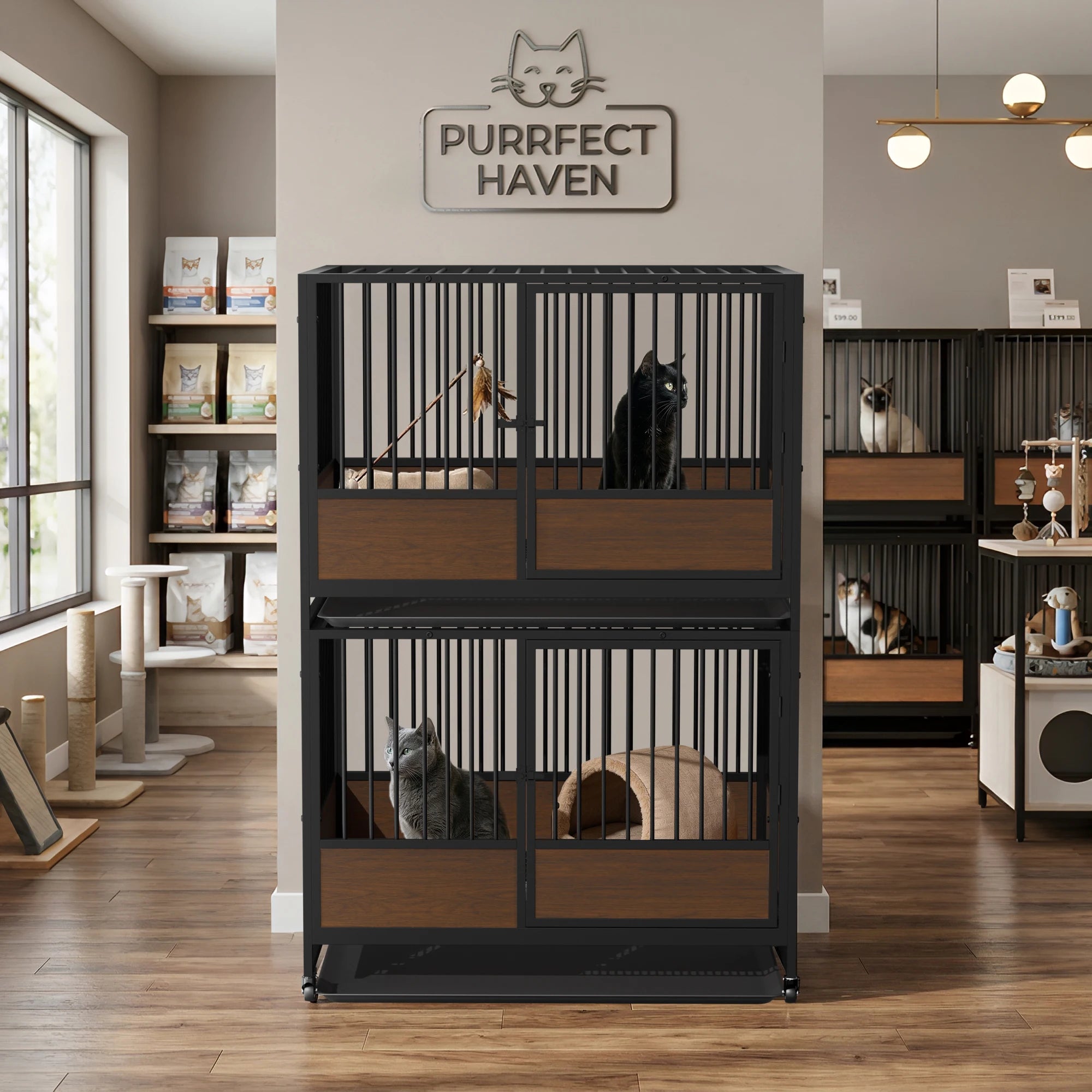 BINGOPAW Large Cat Cage Heavy Duty Metal Stackable Playpen Kennel with Wheels for Cats Small Dogs