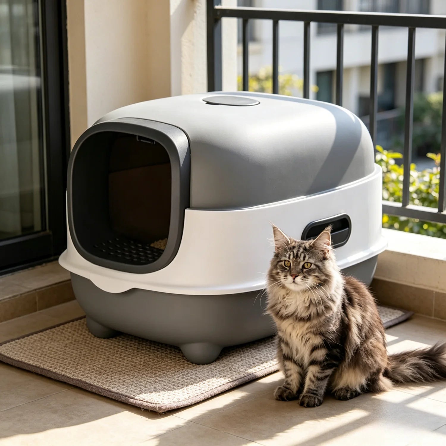 Large Enclosed Cat Litter Box Hooded Front Entry 34x56x38cm Anti-Splash with Scoop Grey