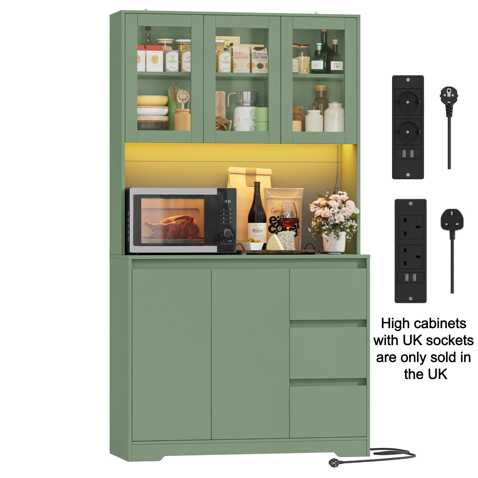Modern Kitchen Buffet Cabinet with LED Lights & Drawers – Tall Storage Unit