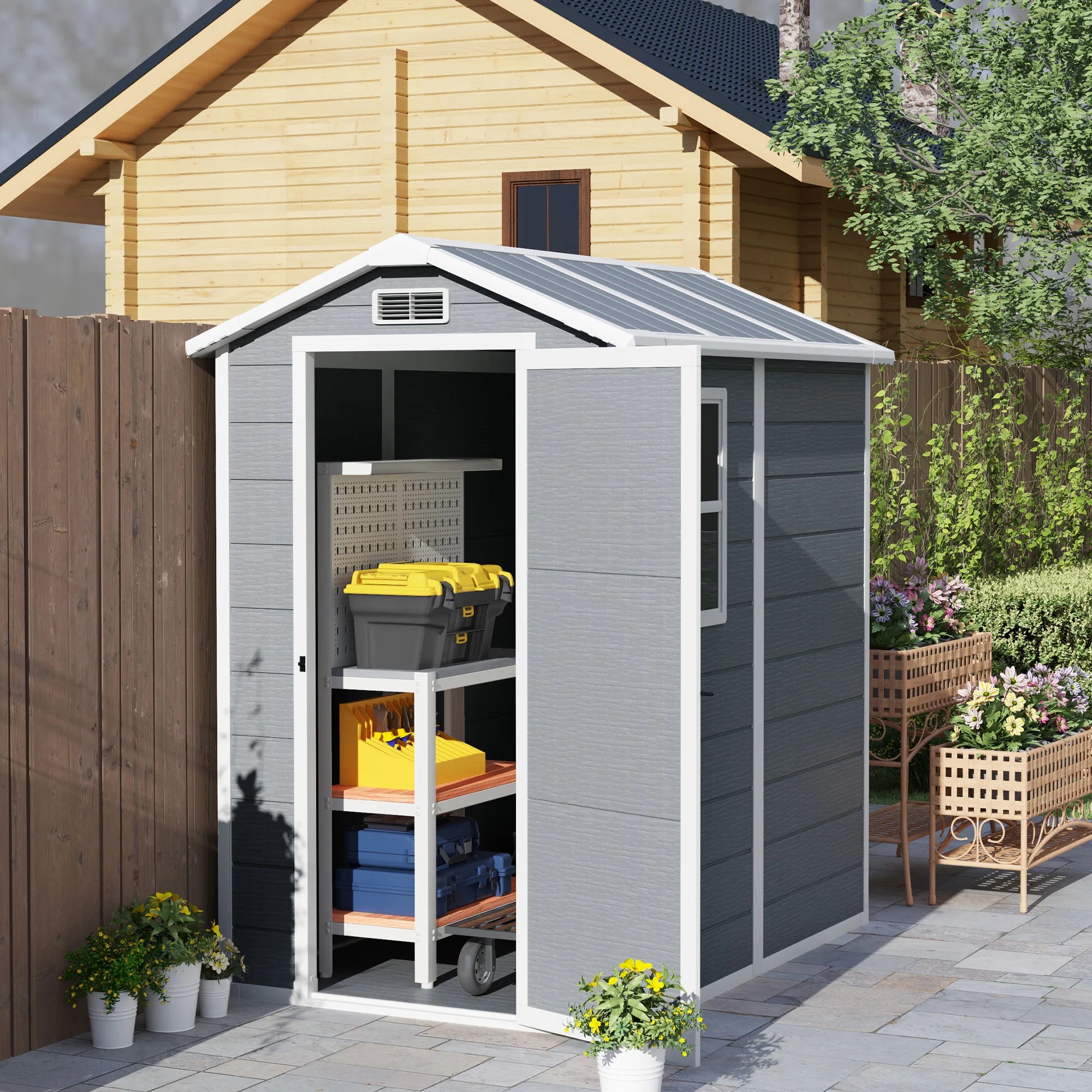 4 x 6ft Plastic Garden Storage Shed with Floor, Window, Ventilation and Lockable Door
