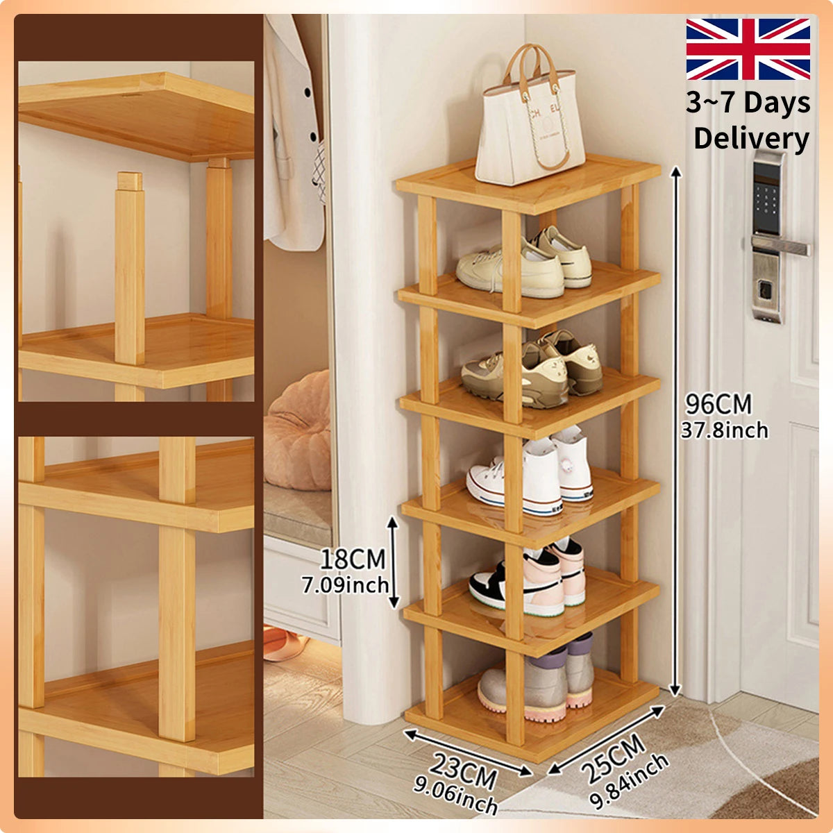 6 Tier Bamboo Shoe Rack Storage Shelf Stackable Shoe Organiser Space Saving Rack