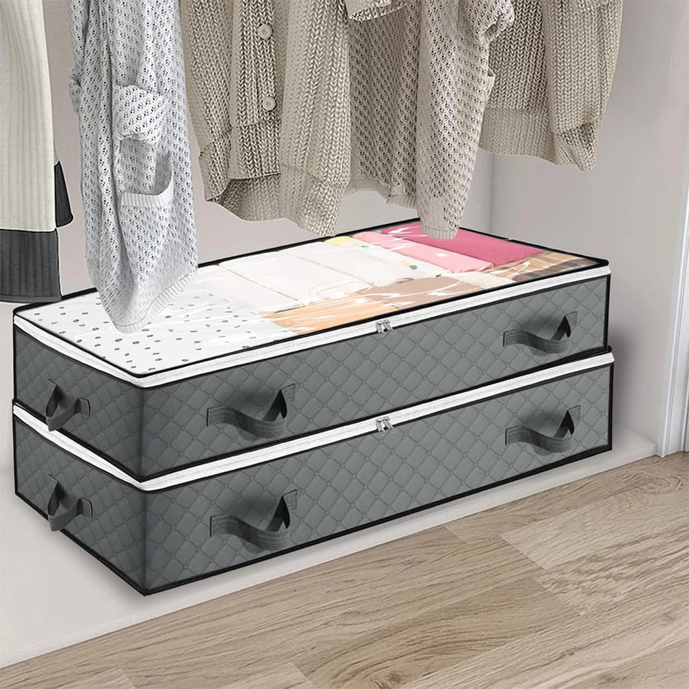 2 Pack Under Bed Storage Bags 90L Large Foldable Organiser with Transparent Window Handles Zips Grey 100x50x15cm