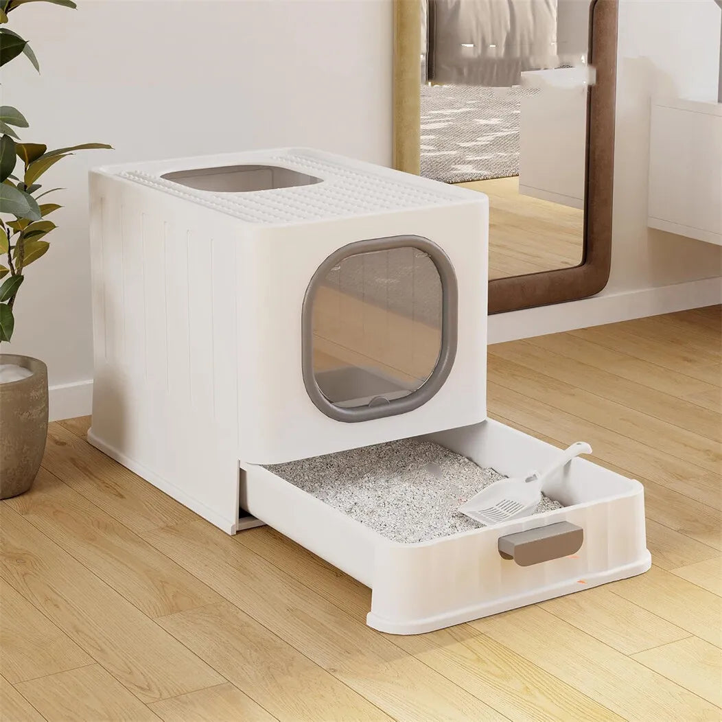 Large Cat Litter Box Enclosed Skylight Drawer Front Top Entry 48.3x35.8x38.8cm Scoop Grey White
