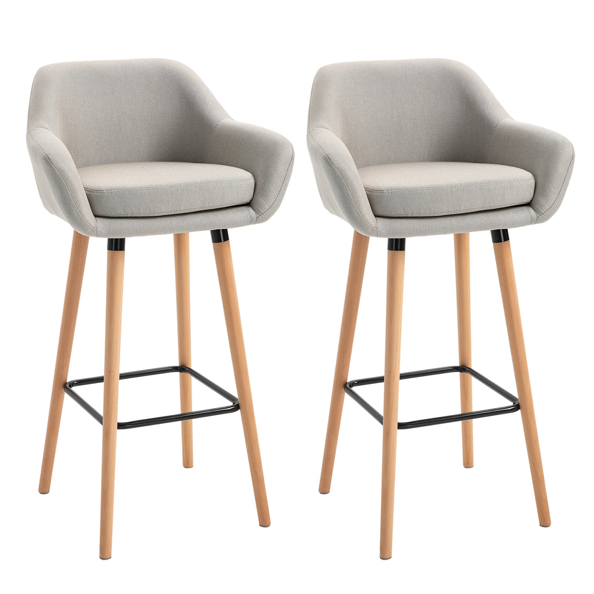 2 PCs Upholstered Bucket Seat Bar Stools w/ Solid Wood Legs Beige