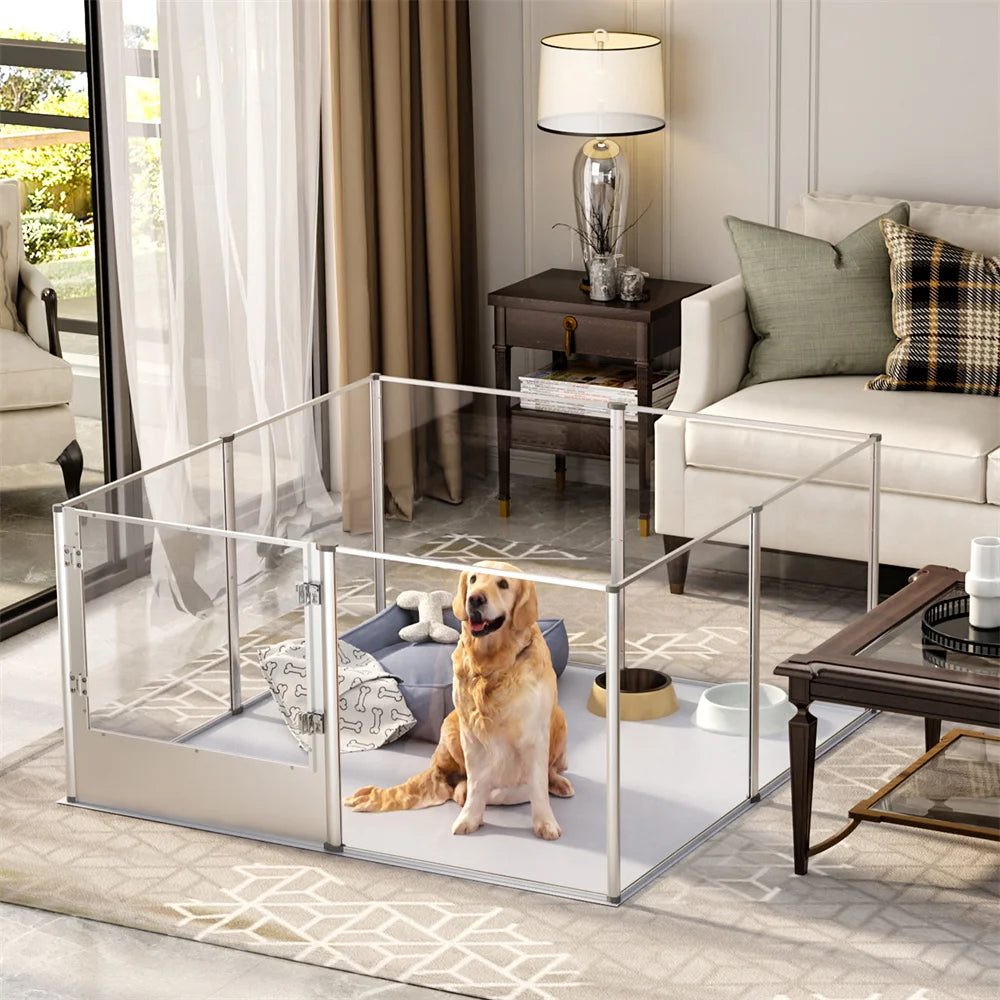BORWART Acrylic Dog Playpen Cage Whelping Pen Multiple Sizes Clear Fence with Waterproof Pad