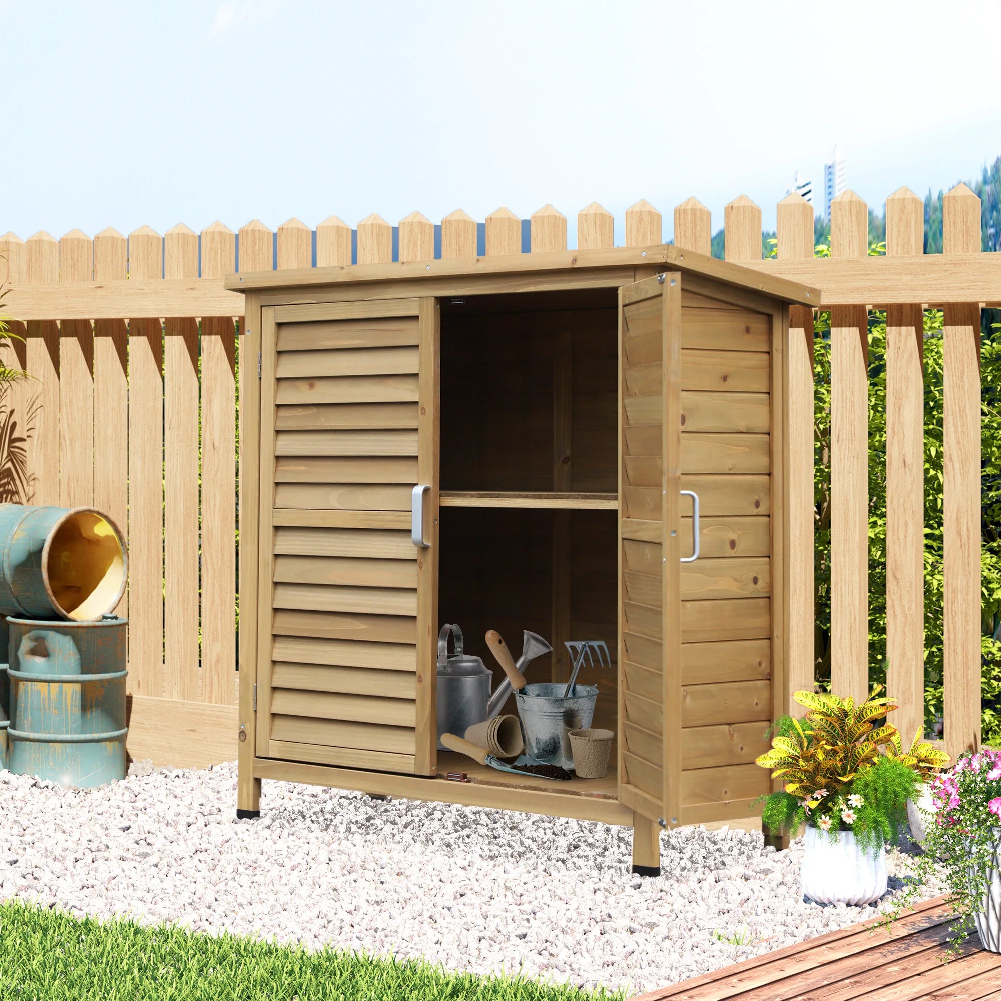 Wooden Garden Storage Cabinet with Slatted Doors, 2 Shelves and Weatherproof Felt Roof